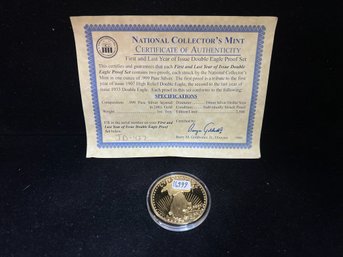 National Collectors Mint Gaudens Copy Gold Plated 1 Troy Ounce .999 Fine Silver Round - With COA