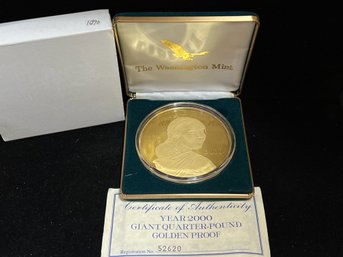 2000 Washington Mint Giant Sacagawea Gold Plated Four Troy Ounce .999 Fine Silver Round