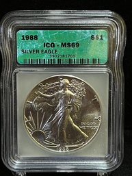 1988 Silver Eagle 1 Oz .999 Silver Bullion ICG MS69
