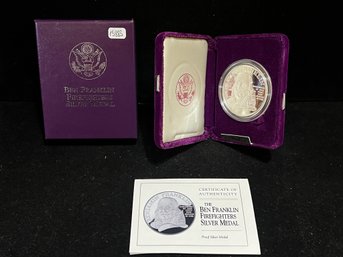 1992 United States Mint Ben Franklin Firefighters Silver Medal One Troy Ounce .999 Fine Silver Proof Medal