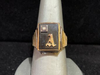 Vintage 10K Gold A Initial Monogram Onyx Ring With Diamond Size 10