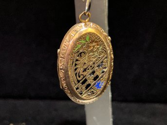 Vintage Gold Filled Oblong Locket With Enamel Accents And Engraving
