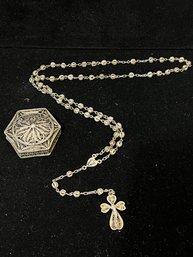 925 Sterling Silver Handmade Filigree Rosary With Box - 29 Inches - Made In Italy