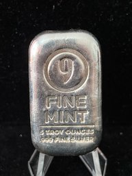 9 Fine Mint .999 Fine Silver 5 Troy Ounce Bar