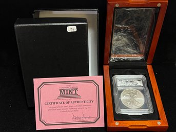 2017 Silver Eagle ICG MS70 In Presentation Box - First Day Of Issue