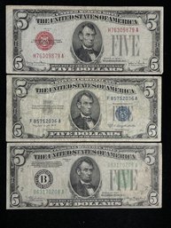 $15 Face Value Mixed Lot United States Five Dollar Bills