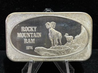 1974 US Silver Corporation Rocky Mountain Ram 1 Troy Ounce .999 Fine Silver Bar