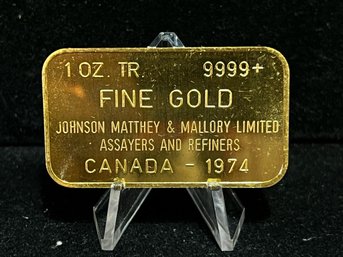 1974 1 Oz Johnson Matthey & Mallory Limited Canada Gold Bullion Bar