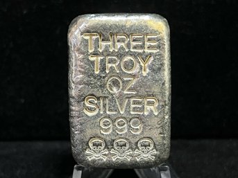 Hand Poured Three Troy Ounce .999 Fine Silver Bar