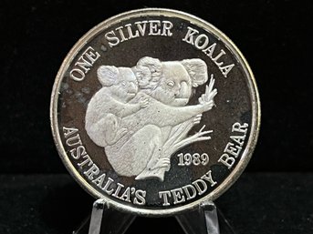 1989 New Queensland Silver Koala One Troy Ounce .999 Fine Silver Round