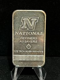 National Refiners Assayers Canada One Troy Ounce .999 Fine Silver Bar