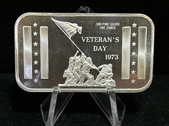 1973 Madison Mint Veterans Day One Troy Ounce .999 Fine Silver Bar