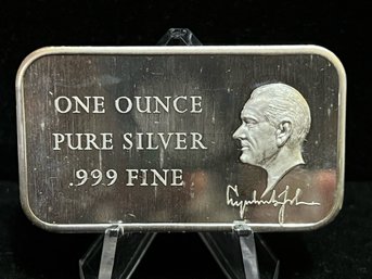 Vintage Art Bar Lyndon B Johnson One Troy Ounce .999 Fine Silver Bar