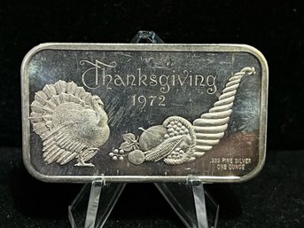 1972 Madison Mint Thanksgiving One Troy Ounce .999 Fine Silver Bar