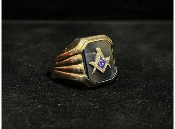 10K Yellow Gold Freemason Synthetic Blue Slab Ring - Size 10.75