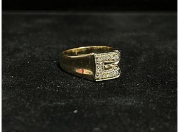 10K Yellow Gold Vintage Style 'B' Diamond Signet Ring - Size 6.75