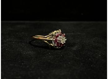 14K Yellow Gold Diamond Ruby Cluster Ring - Size 7.25