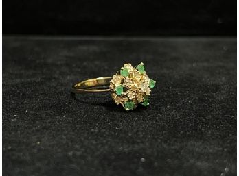 14K Yellow Gold Diamond And Emerald Cluster Ring - Size 7