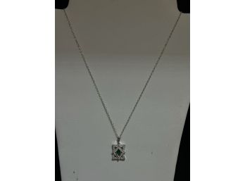 18K White Gold Diamond And Emerald Pendant With Necklace - 20 Inches