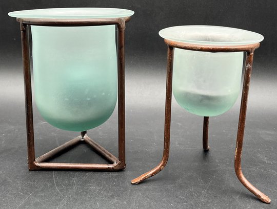 2 Candle Holders With Metal Stands & Frosted Blue Glass - (P)