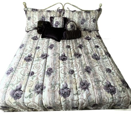 King Bed With Ivory Metal Headboard/foot Board & Purple Bedding - (G)