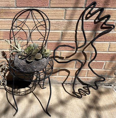 Metal Garden Signs (Scroll & Moose Head) & Chair For Planter - (O)