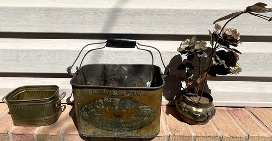 Vintage Dinner Pail Bear Tin With Brass Small Tin & Copper Flowers With Butterfly - (O)