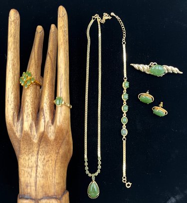 Vintage Cocktail Jewelry #21 Green Colored Stones In Gold Tone Settings - (KS)