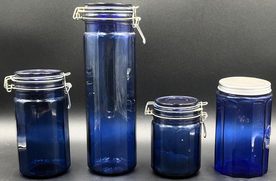4 Blue Glass Cannisters - (FP)