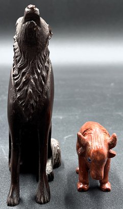 Carved Wood Wolf & Stone Carved Bull - (FP)