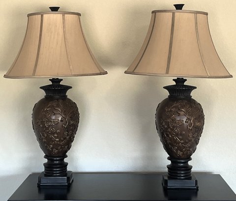 Pair Of Wood & Resin Ornate Table Lamps - (G)