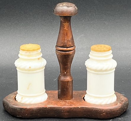 Vintage Milk Glass Salt & Pepper Shakers On Wood Cady - (LR)