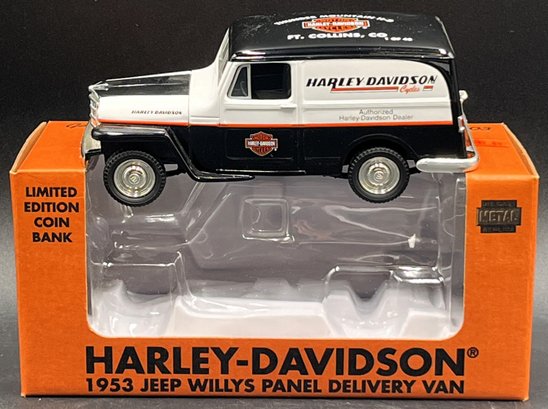Harley Davidson 1953 Jeep Willys Panel Delivery Van Die Cast Metal Bank - (A2)