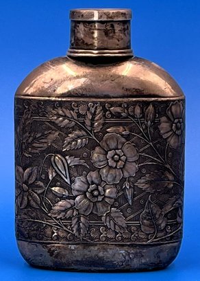 Vintage Floral Embossed Silver Plated Flask - (FR)