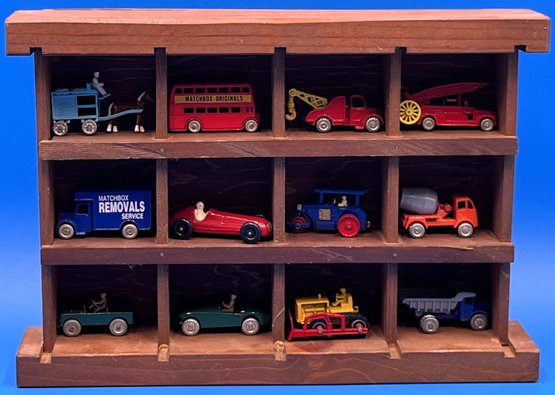 Lot Of 12 Vintage Matchbox Miniature Cars In Wood Display Case - (A4)