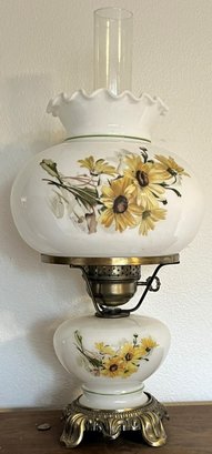 Vintage Brass Base Milk Glass Hurricane Table Lamp - (D)