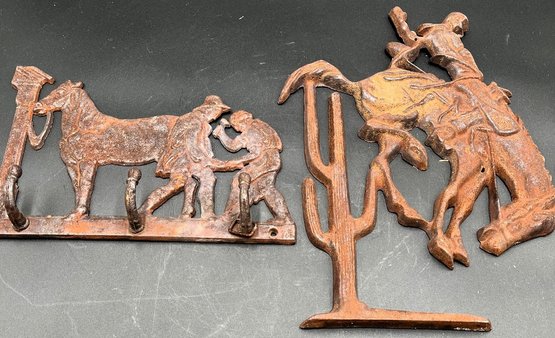 Lot Of 2 Vintage Cast Iron Horse Themed Wall Mounts - (P)