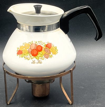 Vintage Corningware Spice Of Life P-104 Six Cup Teapot On Warmer - (A5)