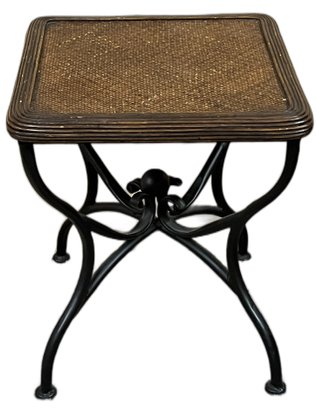 Wood Wicker Top Metal Side Table - (B)