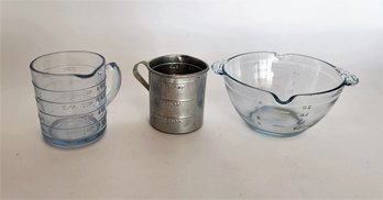 2 Vintage Glass & 1 Metal Measuring Cups