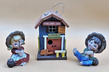 Cute Miniatures - Ceramic Girl & Boy Going Fishing And Wooden General Store