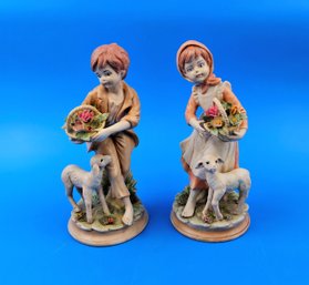 Vintage Ceramic Figurines - Boy & Girl With Lambs