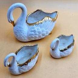 Vintage White Porcelain Swan Family With Gold Painted Details - (HTR)