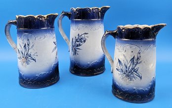Vintage Blue Ceramic Pitchers -  Lot Of 3 - (FR)