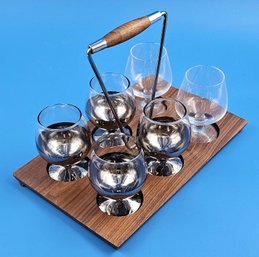 Vintage Wood Drink Caddy With 6 Snifters Glass - (FR)