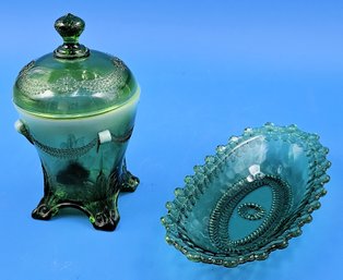 Vintage Green Glass Butter Dish & Candy Dish Bundle - (FR)