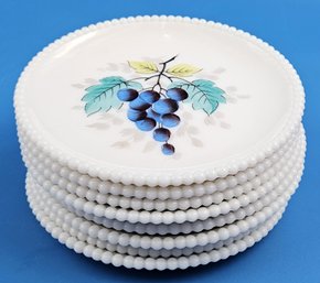 Vintage Westmoreland Beaded Edge Fruit Design Milk Glass Plates - Lot Of 8 -(FR)