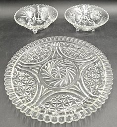 Pressed Glass Candy Tray & Dishes-(T6)