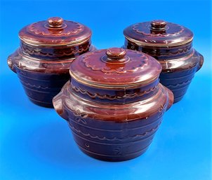 Lot Of 3 Vintage MarCrest Brown Stoneware Covered Pots