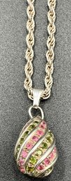 Jewelry #2 - Heavy Sterling Silver Chain With Egg Shaped Pendant With Green & Pink Stones